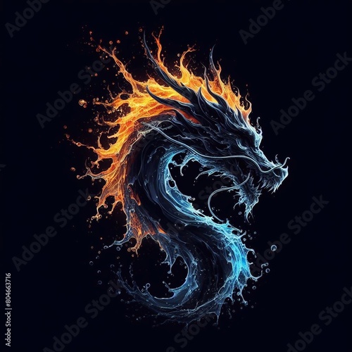 Dragon head what blends Water and Fire splashing. AI generated illustration