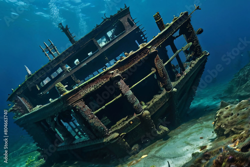 Discover the mystery of a sunken ship resting peacefully at the bottom of the ocean depths. Captivating underwater exploration.