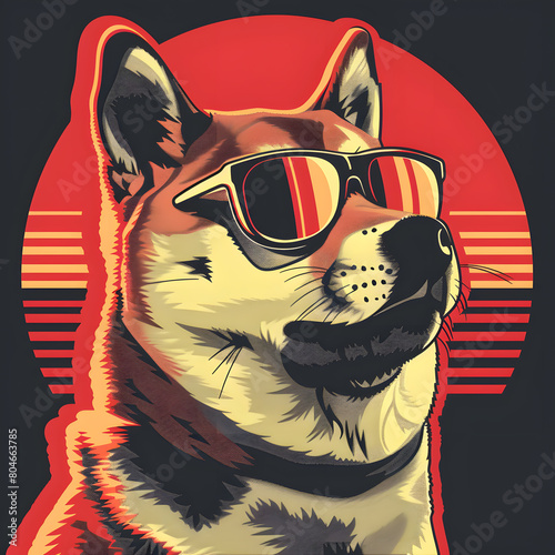 A canine sporting stylish sunglasses against a vibrant red and black backdrop, looking cool and chic. The artistic painting captures the essence of a Felidaes demeanor photo