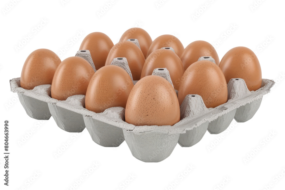 Chicken eggs placed in carton isolated on transparent background.