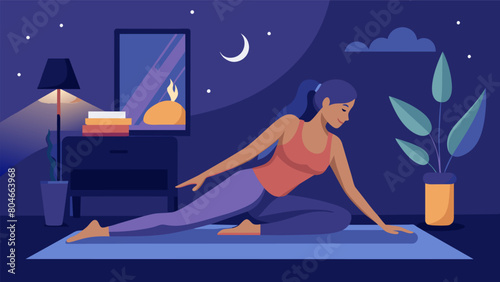 Against a backdrop of soft candlelight a fitness blogger shares a relaxing stretching routine that can be done in bed for a soothing nighttime. Vector illustration