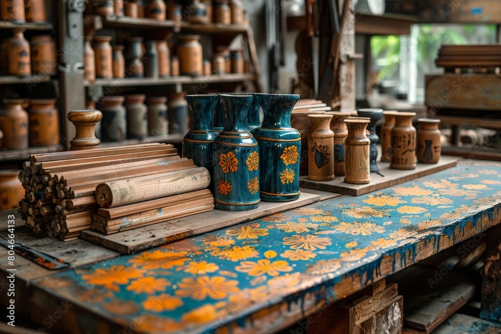 Artisanal pottery and wooden items rest on a vibrantly patterned blue table, invoking a sense of craft and tradition Artisanal pottery and wooden items rest on a vibrantly patterned blue table, invoking a sense of craft and tradition