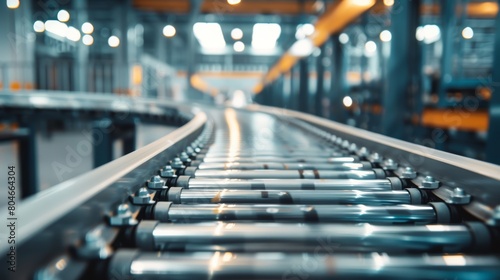 A conveyor belt transporting goods in a warehouse, close-up © JP STUDIO LAB