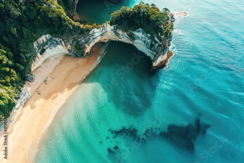 Coromandel Peninsula: A Stunning Aerial View of Cathedral Cove on the Island's photo