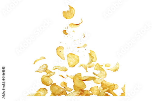 Falling healthy potato chips isolated on transparent background.