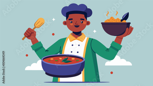 The instructor holds up a large pot of simmering gumbo explaining the significance of this popular dish in the celebration of Juneteenth.. Vector illustration