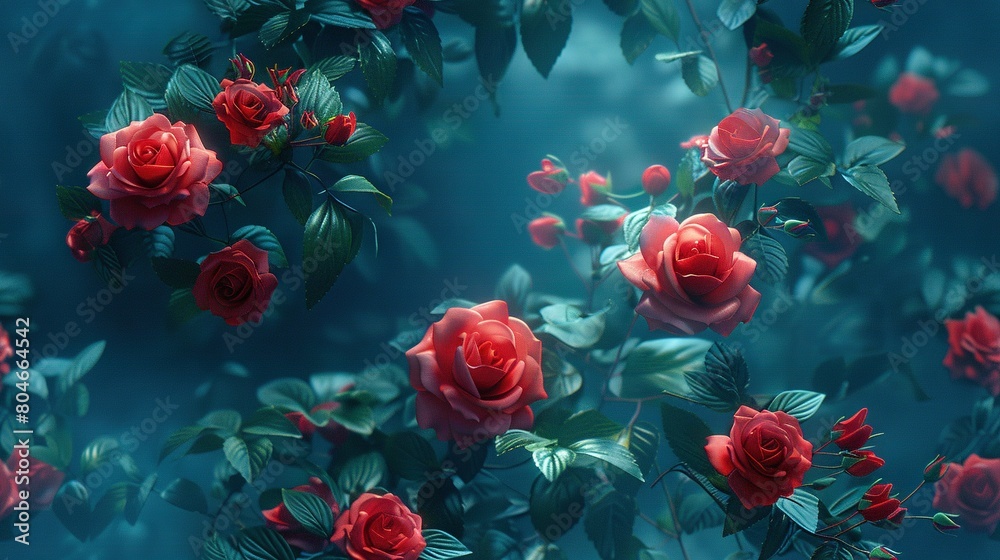 A batch of scarlet roses on a navy canvas with emerald foliage and a azure sky in the distance A batch of scarlet roses on a navy canvas with emerald foliage and a azure sky in the distance