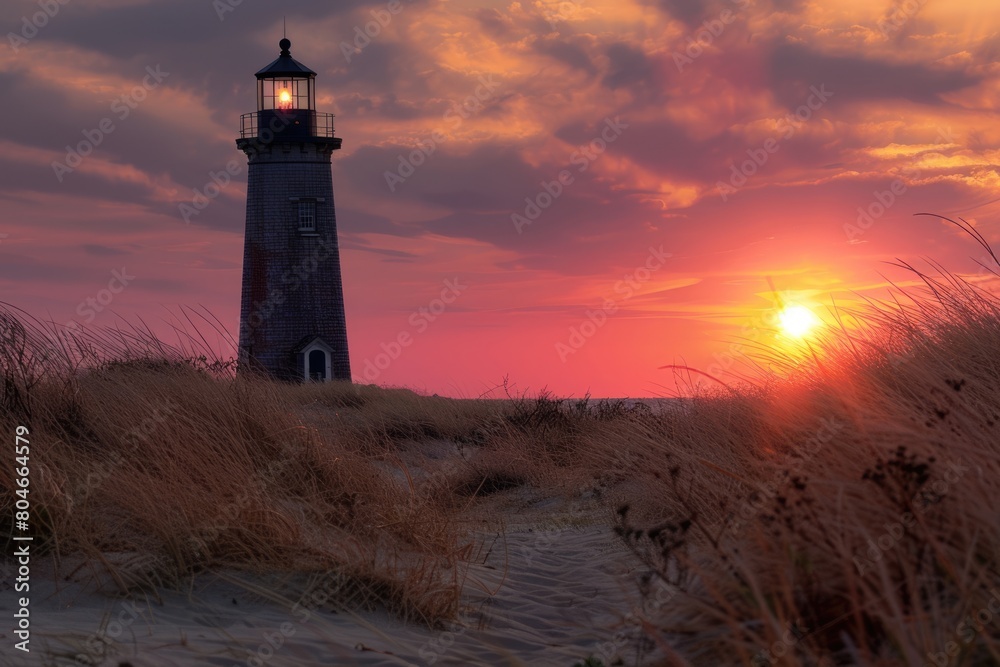 Nantucket Lighthouse at Sunset. Beautiful Overcast Sky over Dune and Nature