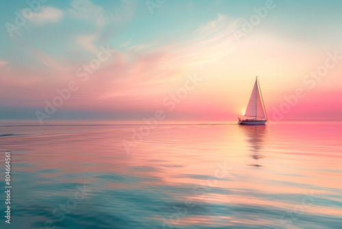 A lone sailboat gliding across serene waters under a pastel sunset, isolated on solid white background.
