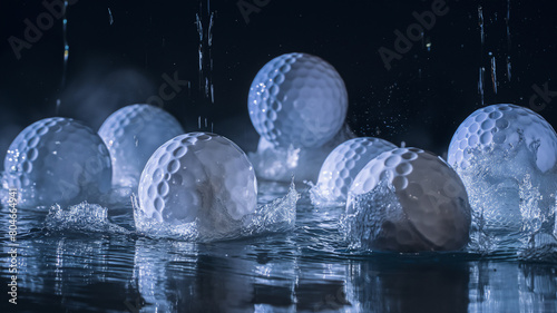 Golf balls creating dynamic splashes as they land in water  highlighted by a dramatic  dark blue-toned lighting.