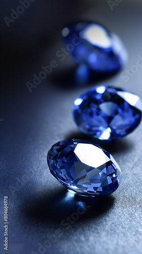 Brilliant blue gemstones on a dark surface, their faceted cuts casting reflections and showcasing their deep, rich color.