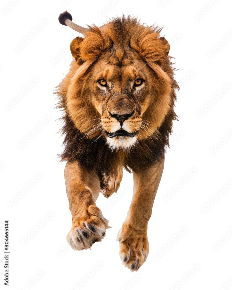 Lion Jumping. Male Adult Lion Stunningly Leaps at Camera in Isolation. Astonishing Display Lion Jumping. Male Adult Lion Stunningly Leaps at Camera in Isolation. Astonishing Display