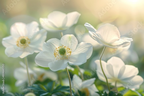 A cluster of white anemone flowers scattered amidst green grass in a sunny spring forest