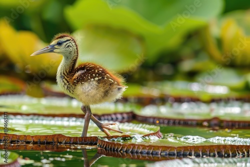 Juvenile Wattled Jacana Walking on Waterlilies Leaves Amidst Manu National Park in the Peruvian photo