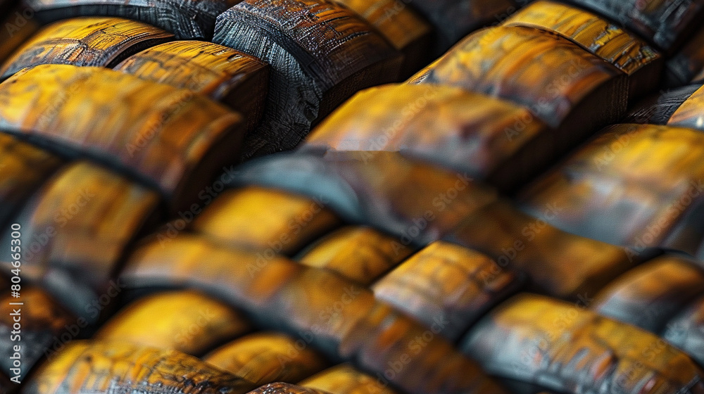A detailed image of a set of tires arranged in layers atop wooden boards A detailed image of a set of tires arranged in layers atop wooden boards