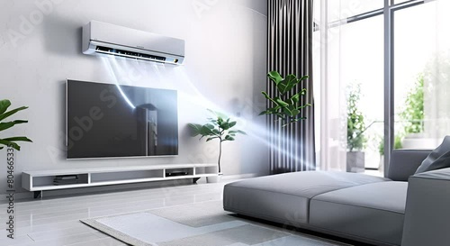 Modern white wall-mounted air conditioner blowing a blue stream of cold air in a modern scandinavian living room with copy space