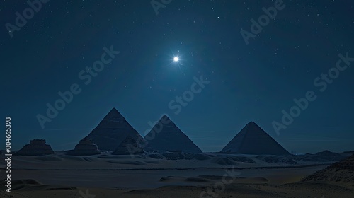 the Egyptian pyramids under a starry night sky  illuminated by the radiant glow of a full moon  with intricate details visible on their smooth surfaces in high-resolution  realistic landscape.