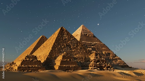 the Egyptian pyramids under a starry night sky  illuminated by the radiant glow of a full moon  with intricate details visible on their smooth surfaces in high-resolution  realistic landscape.