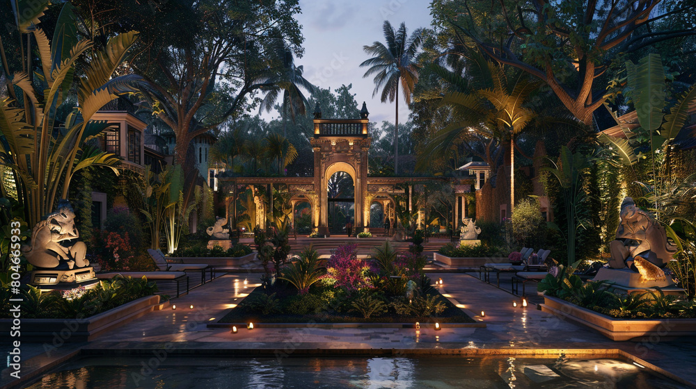 An architectural marvel bathed in subtle illumination, standing amidst a sprawling garden paradise adorned with ornate sculptures and serene water features.