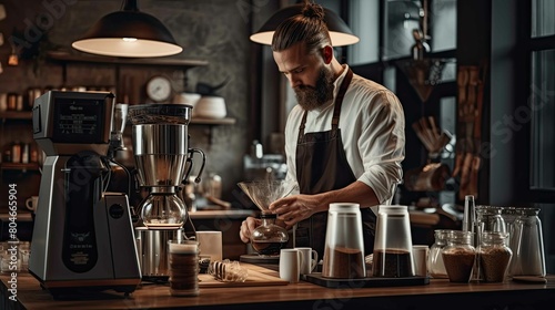 A man in a white shirt and apron is making coffee in a coffee shop
