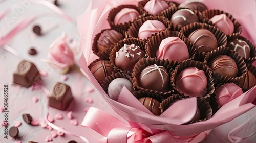 Indulge in the delightful sight of chocolate bouquets elegantly presented with pink gift wrapping and matching ribbon perfect for Valentine s Day weddings or any special occasion