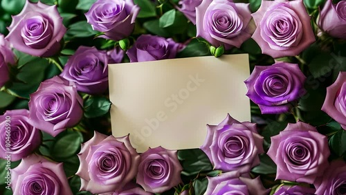 A card sits amidst purple roses in a naturethemed photograph photo