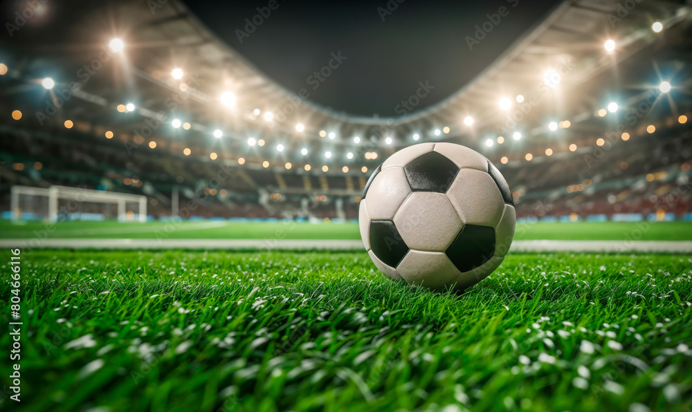 Soccer ball on grass of football field at crowded stadium with spotlights at evening time. Copy space