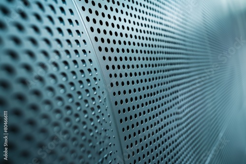 Close-up view of a metal surface with holes in a futuristic gray-blue color  illuminated by built-in lighting to highlight intricate details