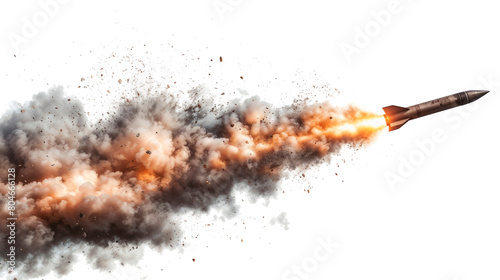 Missile with fire and smoke trail flying at high speed isolated on transparent background