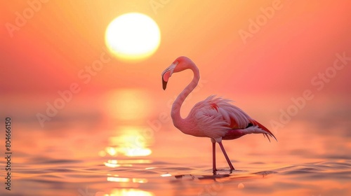 Lesser Flamingo at Sunset in Walvis Bay. Pink Birding Animal © Serhii