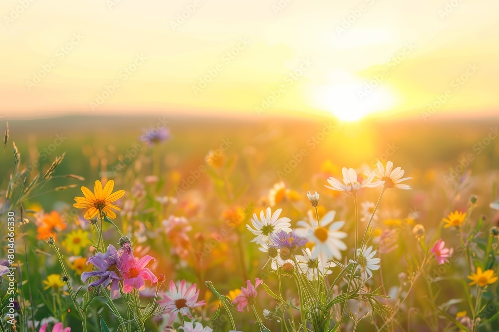 Field of colorful wildflowers, mainly daisies, under a setting sun in a vibrant meadow Field of colorful wildflowers, mainly daisies, under a setting sun in a vibrant meadow