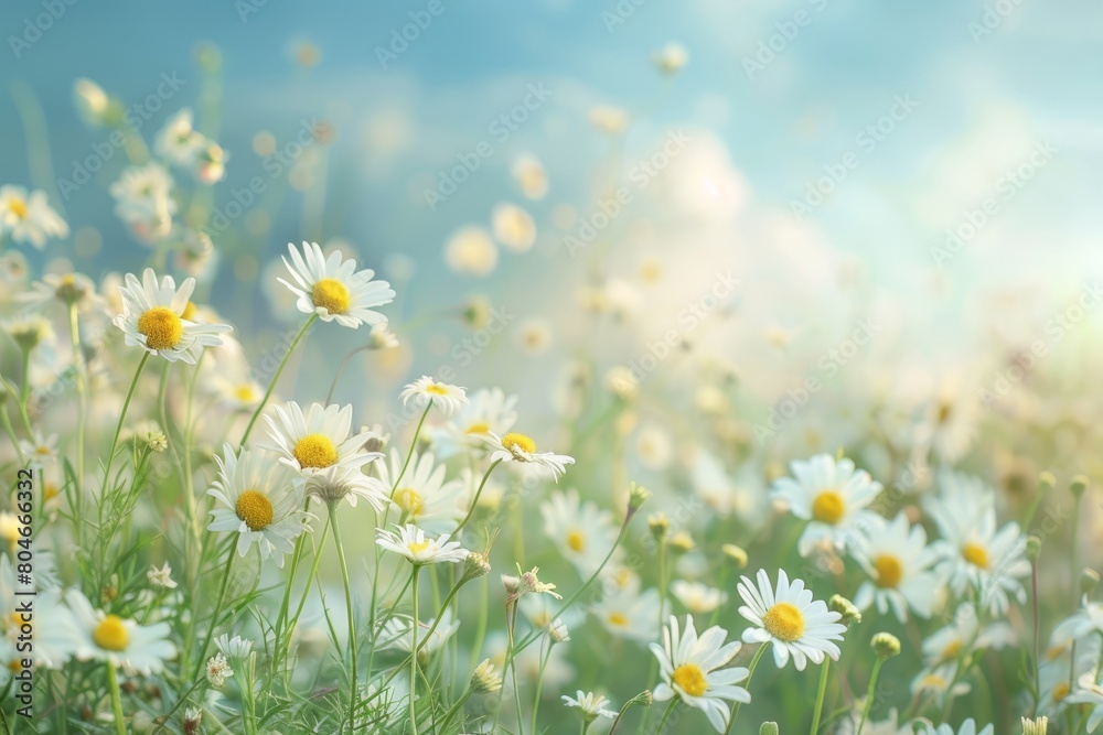 Field full of white daisies under the bright sun on a clear day, creating a picturesque scene