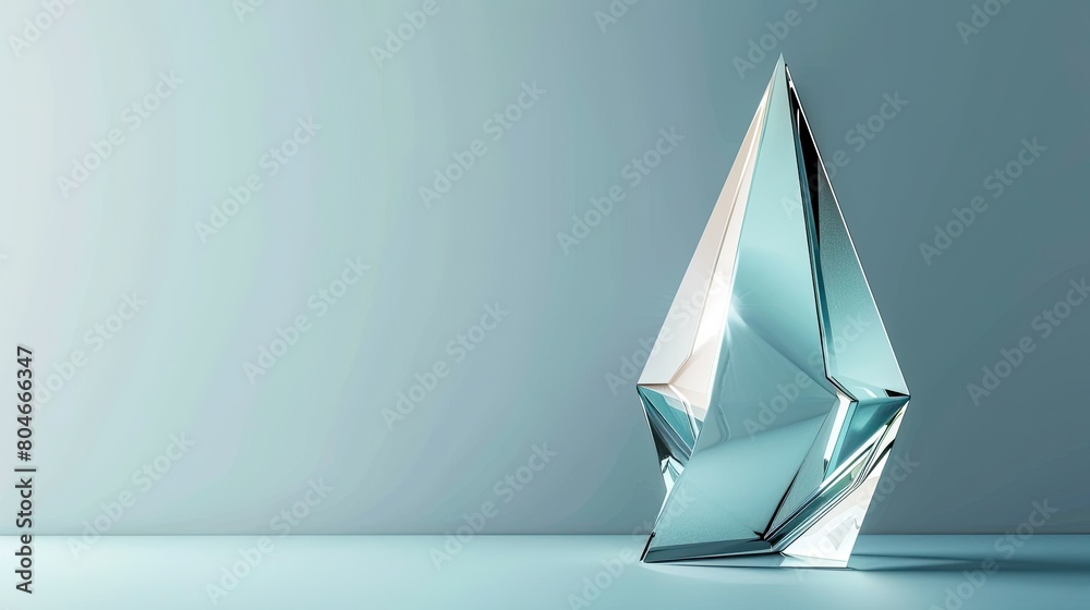 Fototapeta premium a glass triangle trophy against a serene light blue background, offering a captivating perspective with dynamic light reflections.