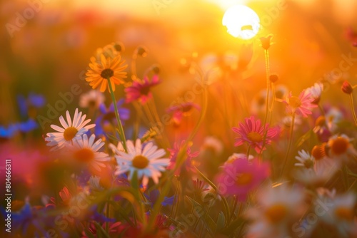 A field of colorful wildflowers, including daisies, basking in the sunlight with the bright sun in the background