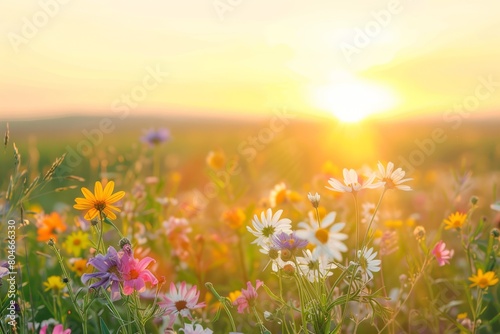 Field of colorful wildflowers  mainly daisies  under a setting sun in a vibrant meadow