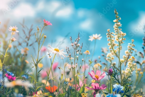 A sunny meadow filled with colorful wildflowers, especially daisies, under a clear blue sky © Elmira