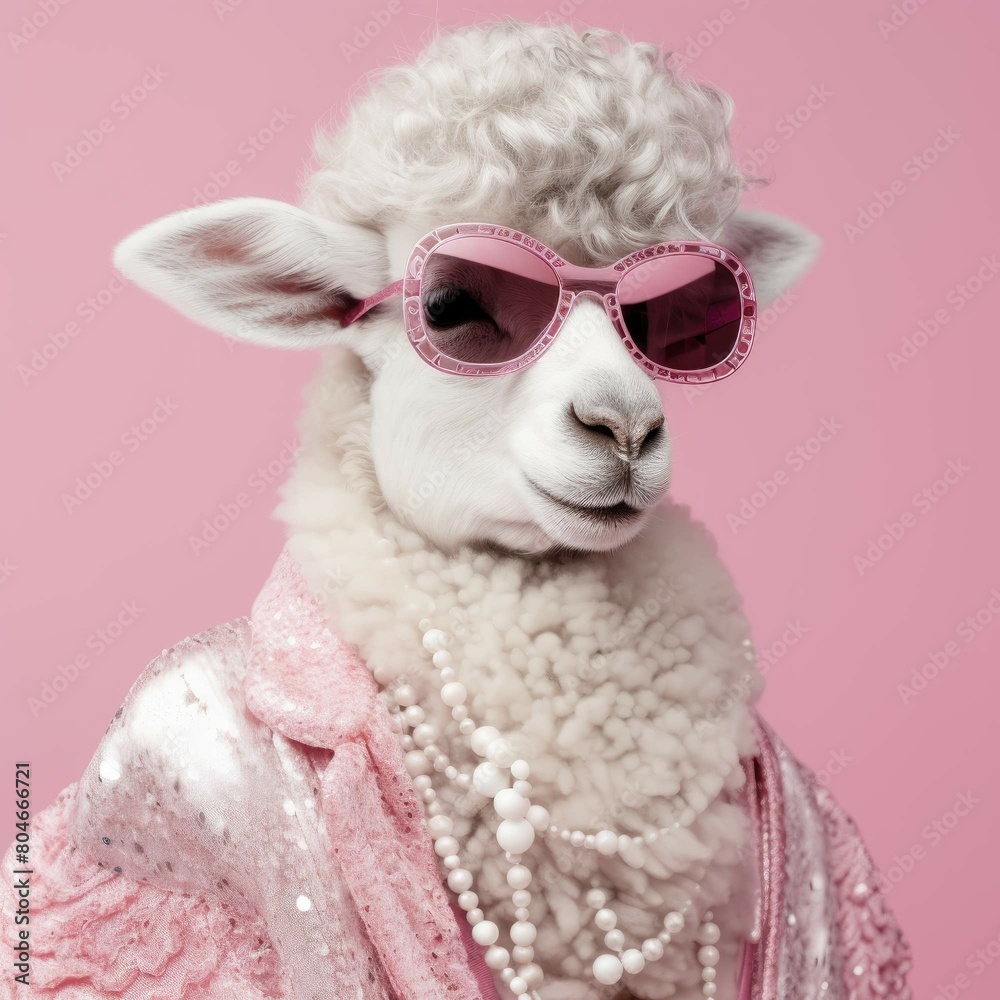 A sheep wearing sunglasses and a pink dress