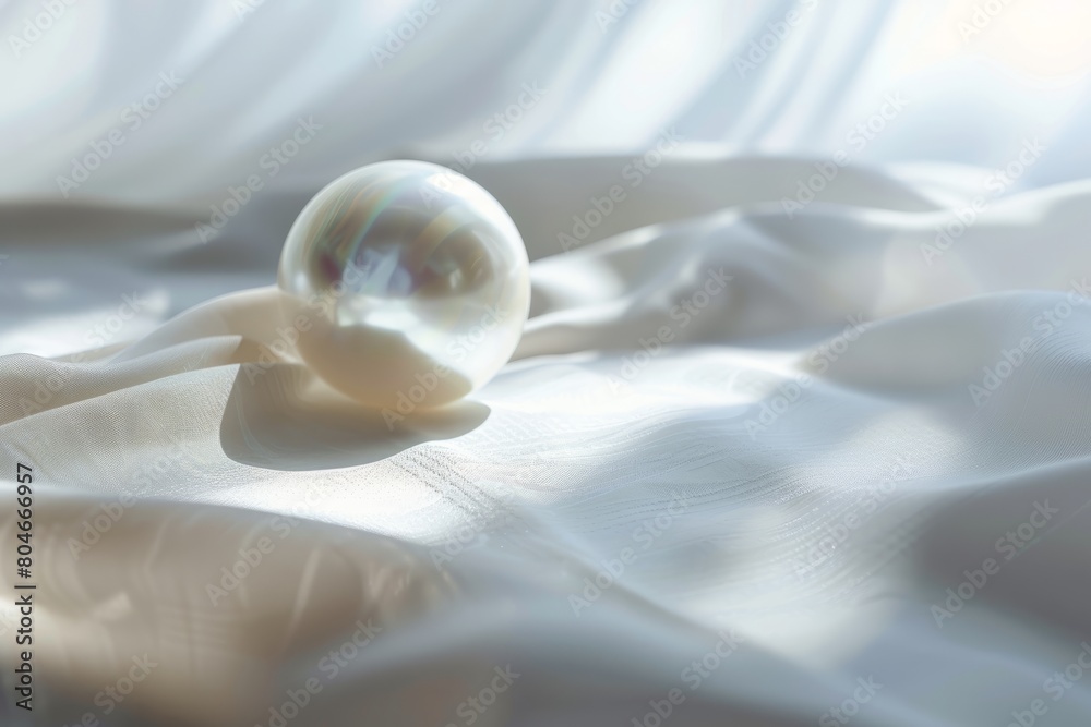 Clean white ball resting on top of a white sheet, illuminated by soft natural light in a minimalist setting Clean white ball resting on top of a white sheet, illuminated by soft natural light in a minimalist setting
