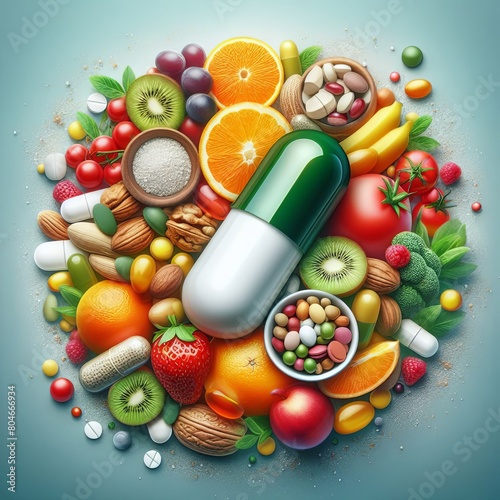 Natural Vitamin nutrition and supplements as a capsule with fruit vegetables nuts