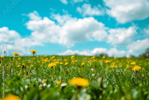 A wide-angle photo capturing a meadow field filled with vibrant yellow dandelions under a clear blue sky