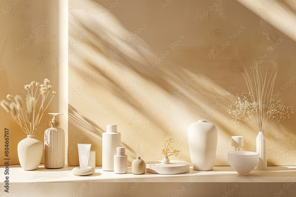White vases arranged on a shelf against a light beige background with a golden touch White vases arranged on a shelf against a light beige background with a golden touch