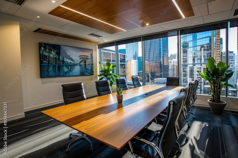 A wide-angle view of a modern office conference room with a spacious wooden table and black chairs for meetings and discussions A wide-angle view of a modern office conference room with a spacious wooden table and black chairs for meetings and discussions