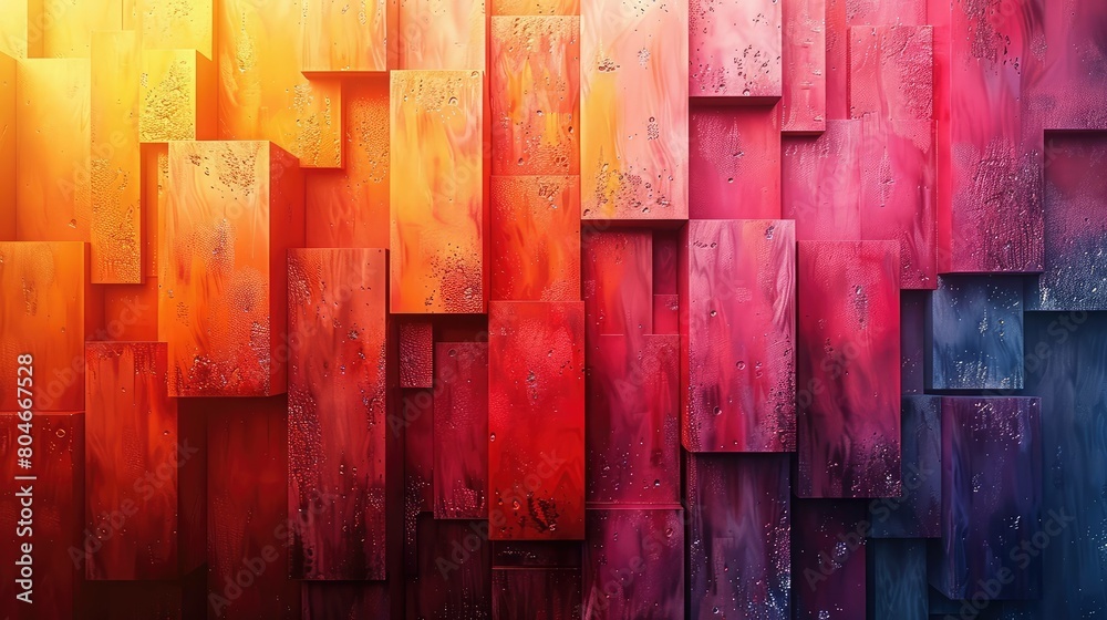 A colorful painting of blocks with a red and orange background