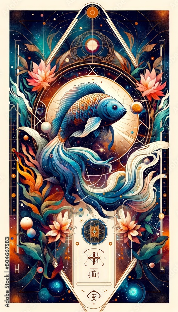 Obraz premium A vibrant illustration of a cosmic goldfish surrounded by Art Nouveau-inspired floral elements and celestial bodies, creating a mystical and symbolic representation of life and the universe.