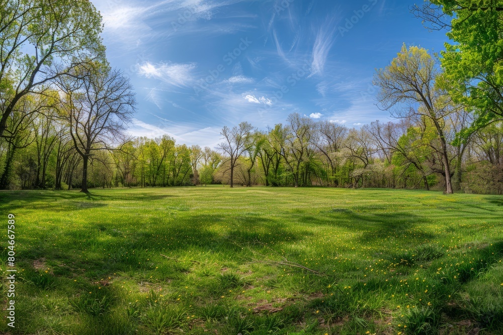 A wide-angle view of a spring landscape with blooming grass in a field surrounded by trees under a clear blue sky A wide-angle view of a spring landscape with blooming grass in a field surrounded by trees under a clear blue sky