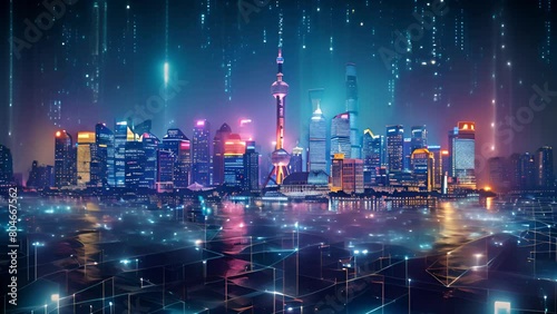 Shanghais illuminated cityscape merges with futuristic digital connections. photo