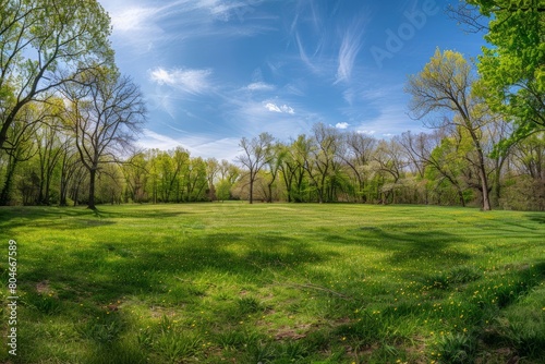 A wide-angle view of a spring landscape with blooming grass in a field surrounded by trees under a clear blue sky