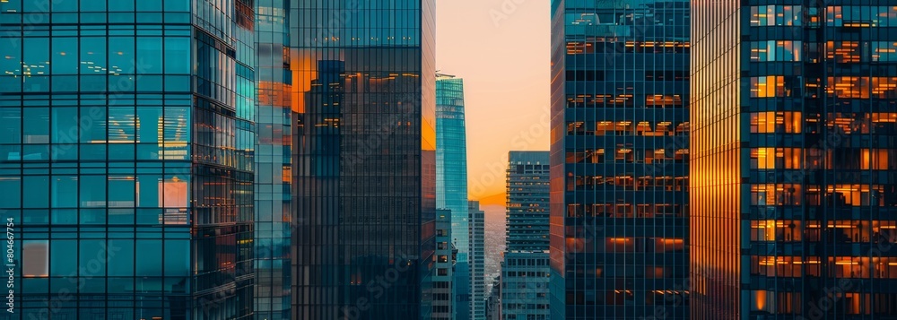 Modern glass skyscrapers in downtown San Francisco, close up, golden hour, green and blue tones, architectural photography Generative AI