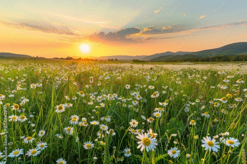 A wide-angle view of a meadow filled with daisies as the sun sets in the background, casting a warm glow over the wildflowers