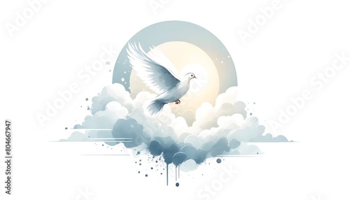 Watercolor illustration suitable for whit monday with a white dove in flight.